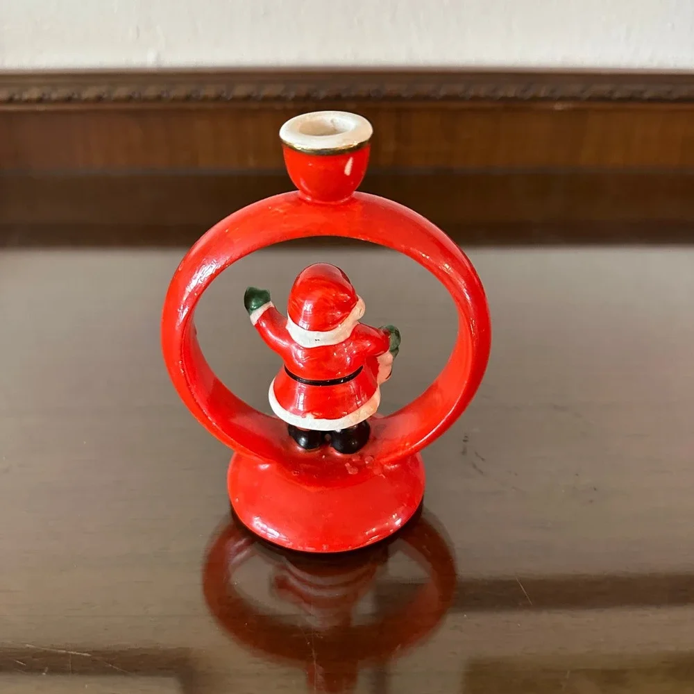 Vintage Ceramic Santa Claus Ring Taper Candle Holder Christmas Figurine Red Gold